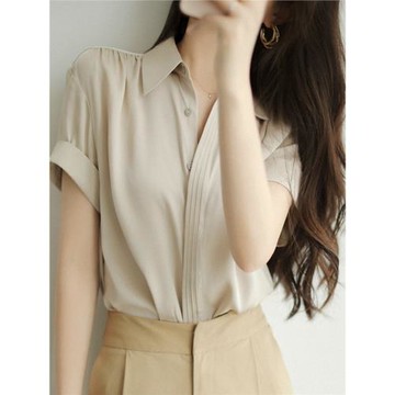 法式襯衫女裝2024年夏季新款上衣設計感小眾百搭短袖真絲職業襯衣