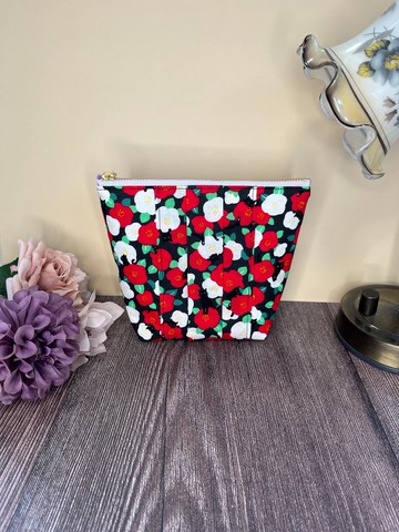 山茶花與貓咪圖案化妝包 日本布料