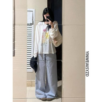 【WYZ】175高個子超長淺藍抽繩輕薄格子休閒褲女2026夏款顯瘦寬鬆寬褲