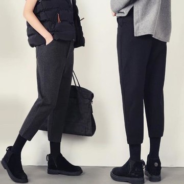 秋冬毛呢蘿卜褲女八分小個子奶奶哈倫褲九分高腰寬松直筒七分煙管