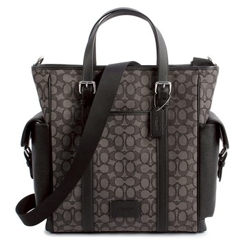 COACH Sprint老花C紋緹花拼接皮革手提包 斜背包 托特包(炭黑)196306｜GoBrand購名牌