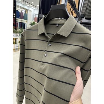 條紋polo衫長袖男士春秋季高端翻領中年t恤時尚寬松休閑上衣體恤