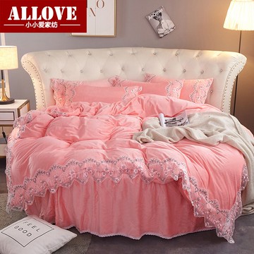 冬季保暖水晶絨圓床裙四件套蕾絲2m2.2m直徑圓形床單床笠