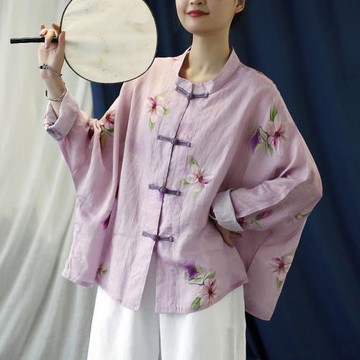 苧麻襯衫女春秋民族風復古盤扣開衫外套中式茶服棉麻上衣防曬衫夏