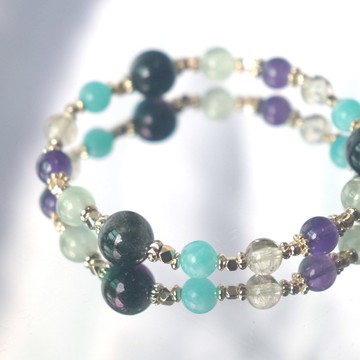 滿盆綠幽靈-黃水晶-紫水晶-葡萄石-天河石-穩健聚財