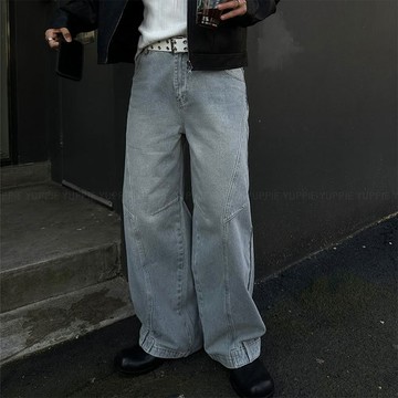 正韓復古刷色剪裁褲口反向設計牛仔寬褲 2色 YUPPIE 預購商品 1027