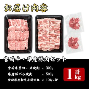 宮崎牛と県産豚肉セット（合計:1kg）宮崎牛肩ロース焼肉(300g)県産豚バラ焼肉(500g)宮崎県産和牛小間切れ(100g×2)