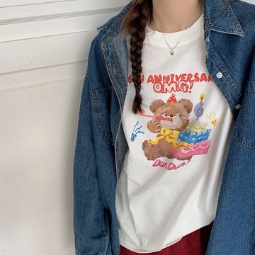 【太妮絲V397】現貨 韓系 生日蛋糕印花 長袖上衣 白色 小熊 慶生 學生 慵懶 印花 長