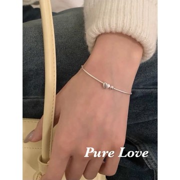 Pure Love樂芙 / 正韓 銀飾【S925純銀】B0940簡約通體純銀愛心小圓珠蛇骨手鏈 / 銀
