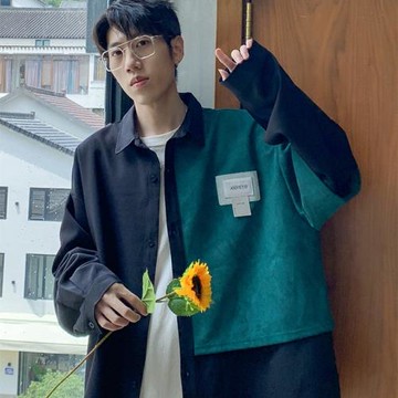 麂皮絨襯衫男日系cityboy拼接上衣春秋新款寬松長袖襯衣男士外套
