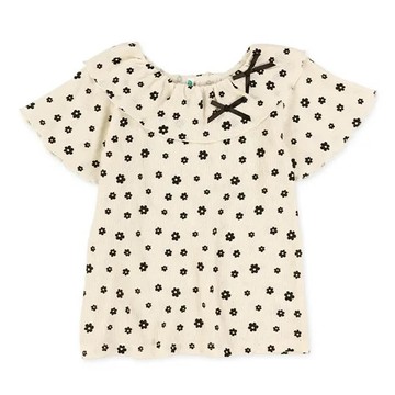 日本西松屋 - 楊柳柔軟荷葉翻領短袖上衣-小花-米白