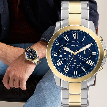 FOSSIL Grant 經典羅馬三眼計時手錶-44mm FS6132