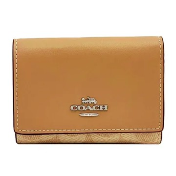 【COACH】C LOGO三折拉鍊零錢袋鈔票短夾(杏茶烤奶)