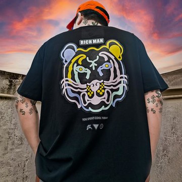 老虎頭寬松短袖T恤夏季衣服男生純棉大碼歐美風ins情侶裝半袖體恤