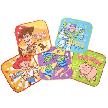 日本 丸真 - 純棉上學擦手巾/手帕(5入組)-玩具總動員角色-橘紫綠 (15×15cm)