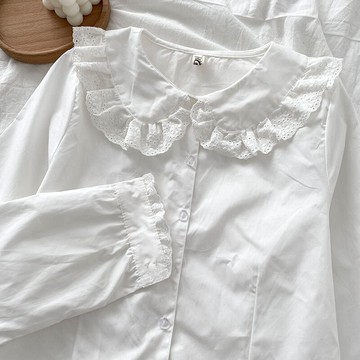 100%純棉法式復古襯衫女新款秋冬季娃娃領氣質內搭白色上衣