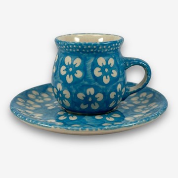 波蘭手繪手工陶-濃縮咖啡杯盤組 80ml 傳統圖騰系列 藍色