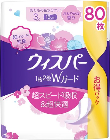 P & G Whisper 1 piece 2 roles W guard 3CC 18cm 80 pieces Large -capacity refreshing scent