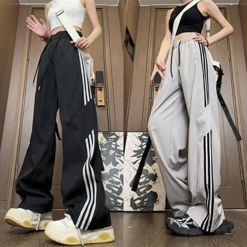 【臺灣出貨】美式冰絲條紋速干休閒褲情侶夏季薄款潮牌寬鬆運動褲直筒闊腿長褲夏季薄款長褲男女同款