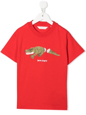 Palm Angels Kids - crocodile logo-print T-shirt - kids - Cotton - 12 - Red