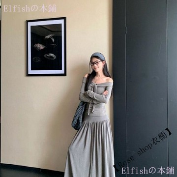 2026春季新款韓系設計感百搭一字肩長袖T恤高腰半身裙時尚套裝女 韓系套裝 套裝女 時尚套裝 ootd