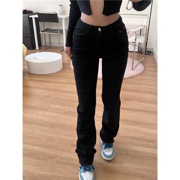 超高腰 彈力 包臀包腰直筒微喇長褲黑色淺藍色牛仔褲 拖地牛仔褲