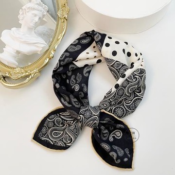 高檔黑白藍雙面異色腰果花波點真絲羊毛圍巾女絲羊毛小方巾秋冬季