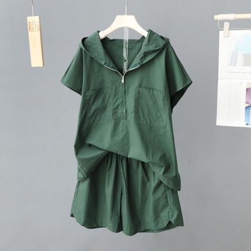 夏季新款純色連帽短袖套裝女休閑短袖短褲兩件套薄款上衣女裝時尚