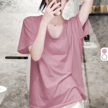 SISI【T25029】休閒短袖圓領寬鬆BF風舒適親膚顯瘦修身性感辣妹素面露肩斜領上衣T恤T-shirt春夏