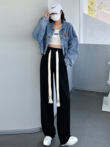 170加長抽繩遛彎褲女闊腿褲高個子175休閑拖地褲寬松直筒運動衛褲