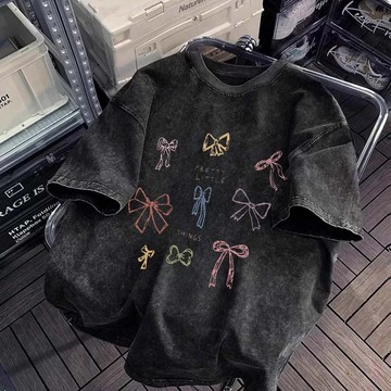 【YY！彩色蝴蝶結】 美式復古上衣 蝴蝶結t恤 做舊水洗上衣 韓國t恤 水洗t恤 純棉t恤 Oversize 夏天衣服