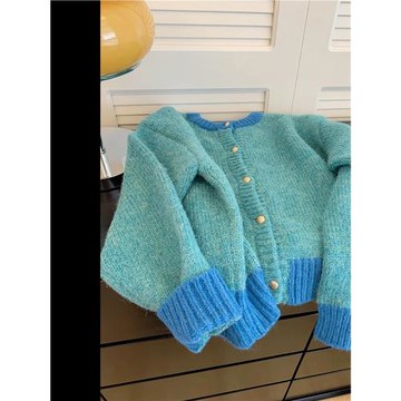 專柜藍色小香風浣熊絨針織開衫女秋冬外搭軟糯加厚慵懶風毛衣外套