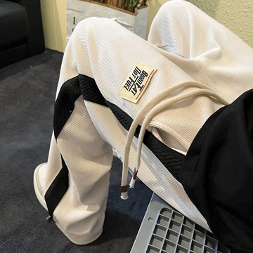 特大码2-300斤拼接灯芯绒裤子男秋季日系新款宽松直筒洋气休闲裤運動長褲 加絨長褲 加厚長褲 工作長褲