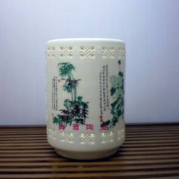 景德鎮文具時尚圓形陶瓷精品鏤空筆筒毛筆圓珠筆鉛筆書房裝飾擺件1入