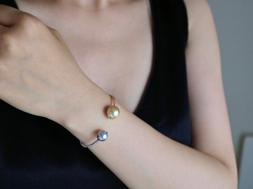 日本直送 孤品 南洋金珠 大溪地珍珠 記憶金屬手鐲 手環 手鍊