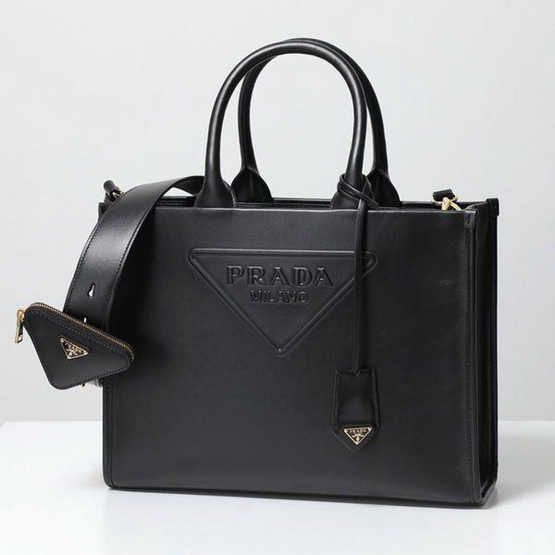 PRADA プラダ トートバッグ 1BA376 ASK F0002 レディース SOFT CALF レザー エンボスロゴ ハンドバッグ クロスボディ  チャーム+ミニポーチ付き 鞄 NERO | LINEブランドカタログ