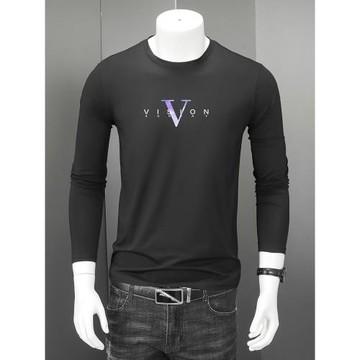 梵度春秋裝上衣薄款圓領潮流男士長袖t恤印花棉質小衫成熟秋衣服