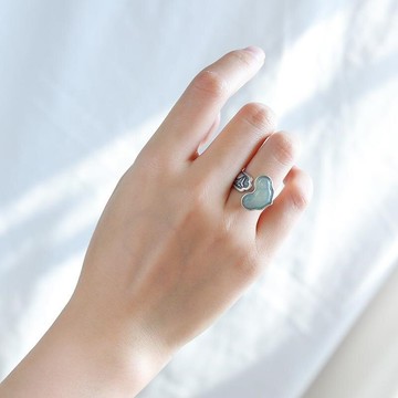 925純銀鑲和田玉石手工復古風玉如意開口戒指環 古風飾品夸張男女