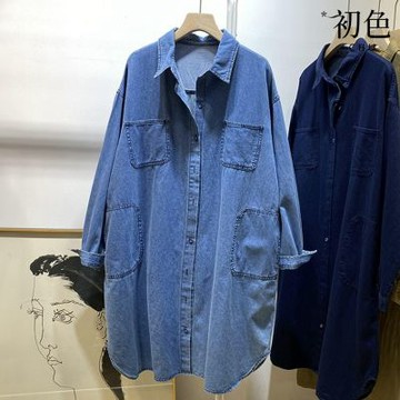 初色 棉麻風純色翻領中長款單排釦口袋牛仔長袖襯衫外套女外套-共2色-18797(L-XL可選)