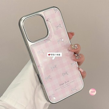 可開發票☆【臺灣精品】💕不晚 ins日韓鎏金粉色格紋蝴蝶結電鍍銀邊手機殼iPhone15/16proma
