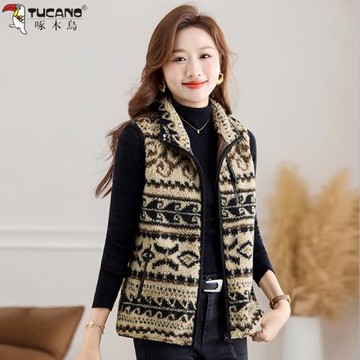 啄木鳥搖粒絨馬甲女2025新款冬季加厚花紋羊羔絨保暖背心馬夾外套