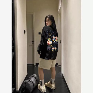 【限時優惠】48h出貨丶棉長袖t恤女春秋新款寬鬆圓領上衣服卡通蠟筆小新打底衫ins中長款