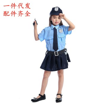女孩警察角色裝扮連衣裙可愛女童警察制服配帽子腰帶聖誕節錶演服[萌寶童裝]可開發票