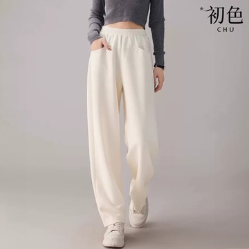初色 純色寬鬆顯瘦拼接口袋高腰闊腿褲休閒褲寬褲長褲-共3色-36790(M-2XL可選)