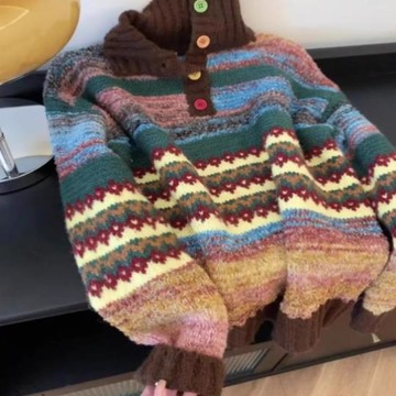 春秋新款美拉德穿搭彩色條紋翻領毛衣開衫女秋冬季慵懶風針織外套鑫弘-素時衣櫥