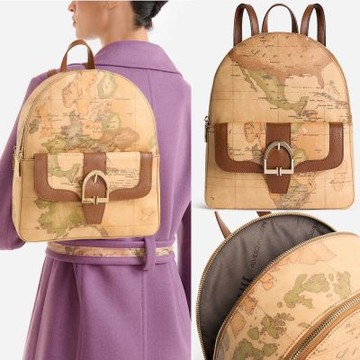 Alviero Martini 義大利地圖包 皮革釦環裝飾 拉鍊雙層後背包30cm-地圖黃x咖啡色 春節 情人節