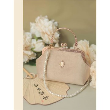 神隱原創奶茶色絲絨旗袍包包國風珍珠手提斜挎口金包2022秋冬新款