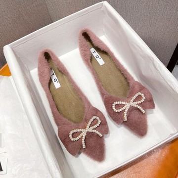 2025新款秋冬季加絨單鞋女水貂毛女鞋時尚尖頭棉瓢鞋女平底毛毛鞋