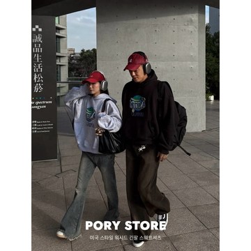 【PORY STORE】 韓系街頭復古長袖帽T 刷毛 保暖 長袖 實拍 百搭 情侶 大學t 韓國男裝