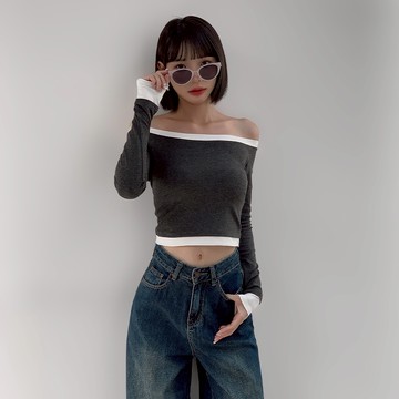 【Aa.chic熱賣商品】一字領滾邊撞色長袖上衣(三色).女裝/彈棉/滾邊/一字領/長袖/上衣/百搭【C017028】